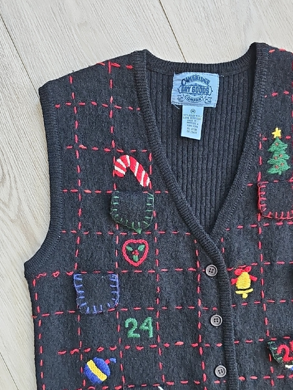 Vintage Boiled Wool Ugly Christmas Sweater Vest Christmas Countdown Embroidery - Picture 3 of 13
